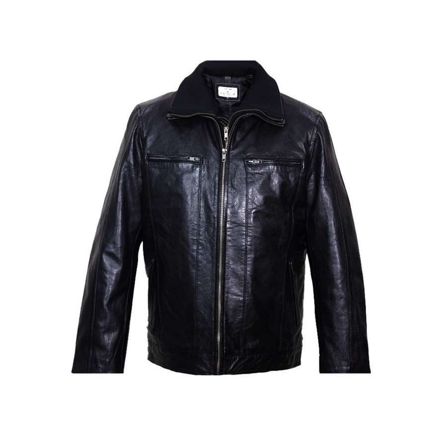 Clooney Wolf - High-Ban Zip Leather Jacket with Ribbed Collar